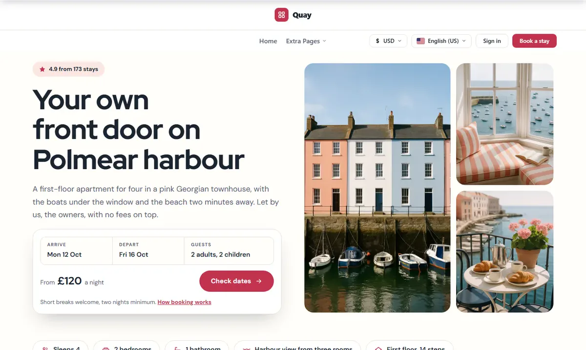 Quay — a harbour townhouse website design for the PrivateLet WordPress vacation rental theme