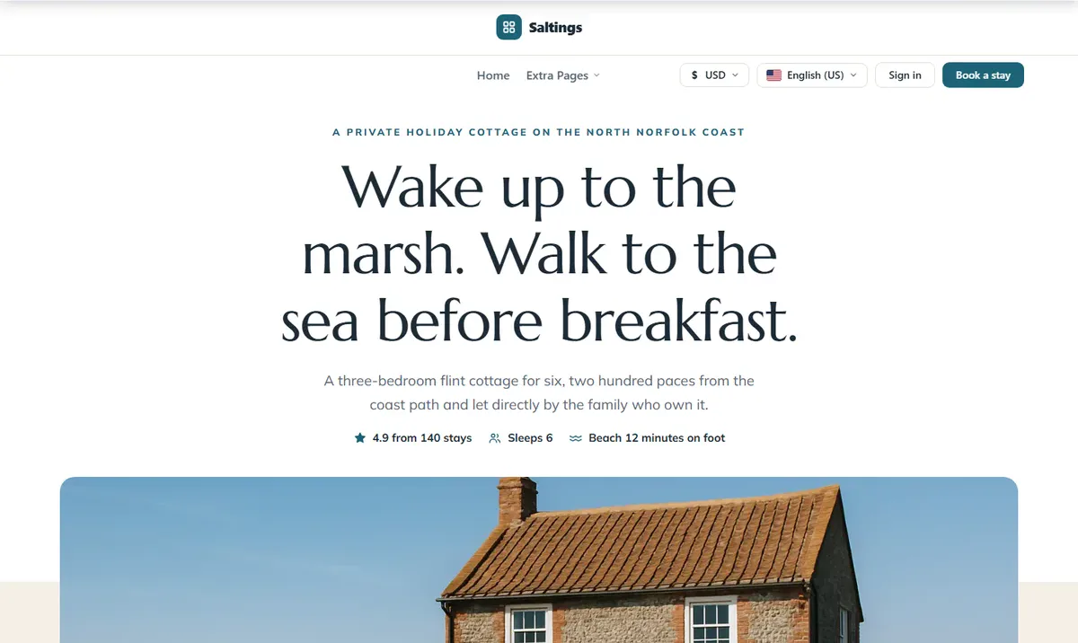 Saltings — a coastal holiday cottage website design for the PrivateLet WordPress vacation rental theme