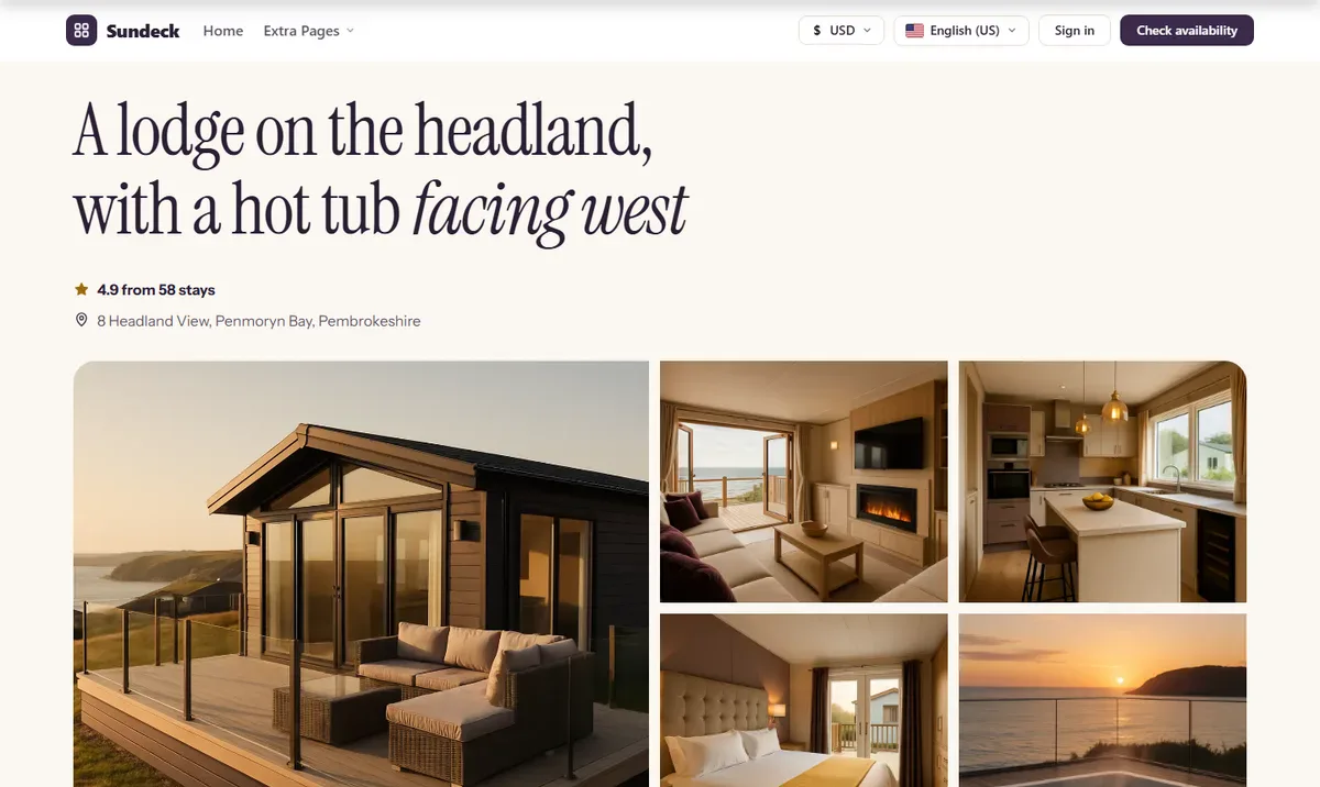 Sundeck — a headland lodge website design for the PrivateLet WordPress vacation rental theme