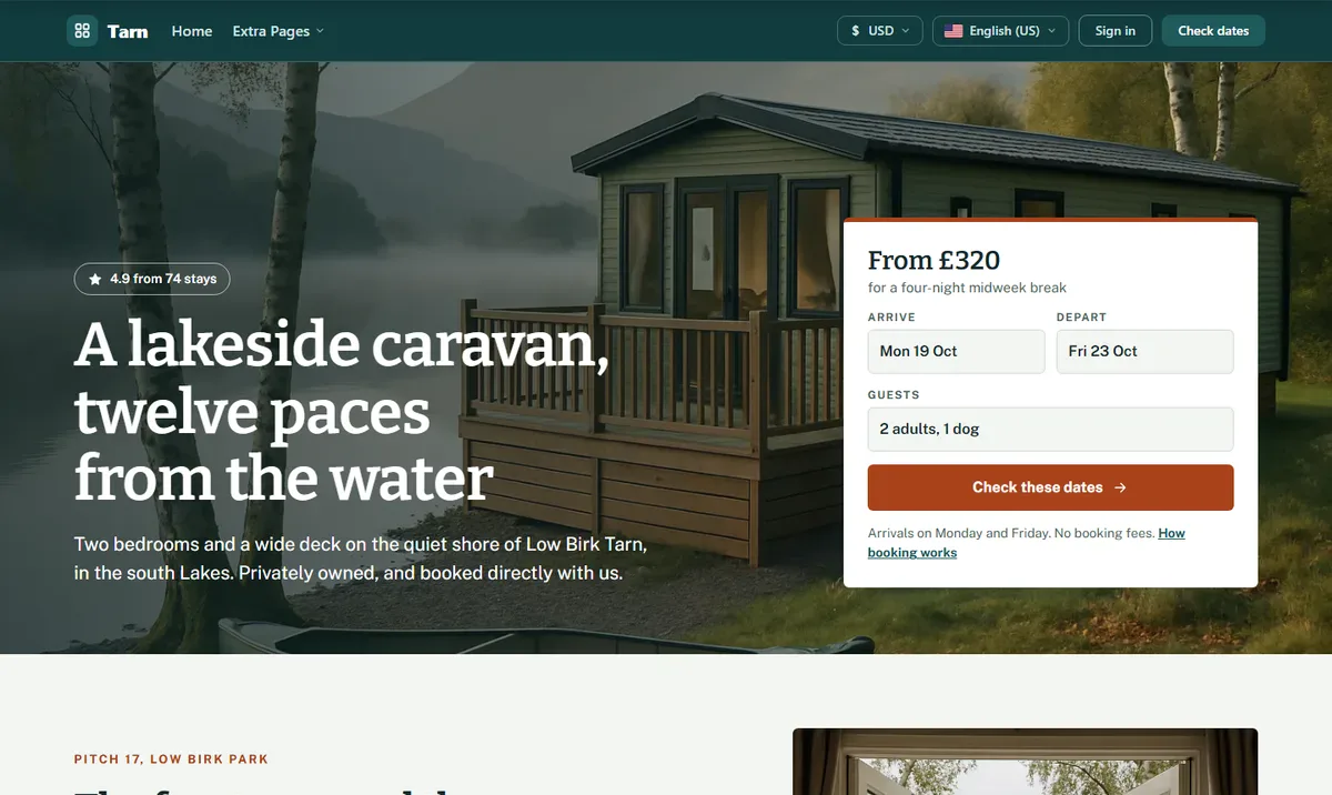 Tarn — a lakeside caravan website design for the PrivateLet WordPress vacation rental theme
