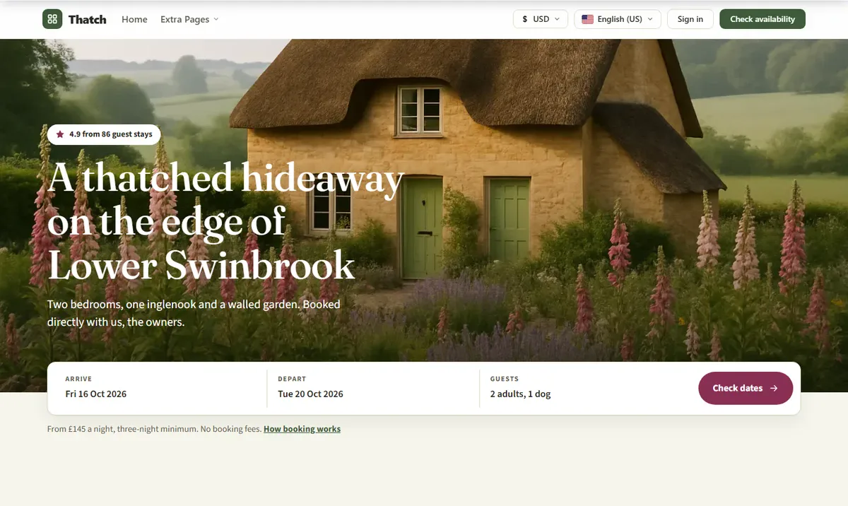 Thatch — a country holiday cottage website design for the PrivateLet WordPress vacation rental theme