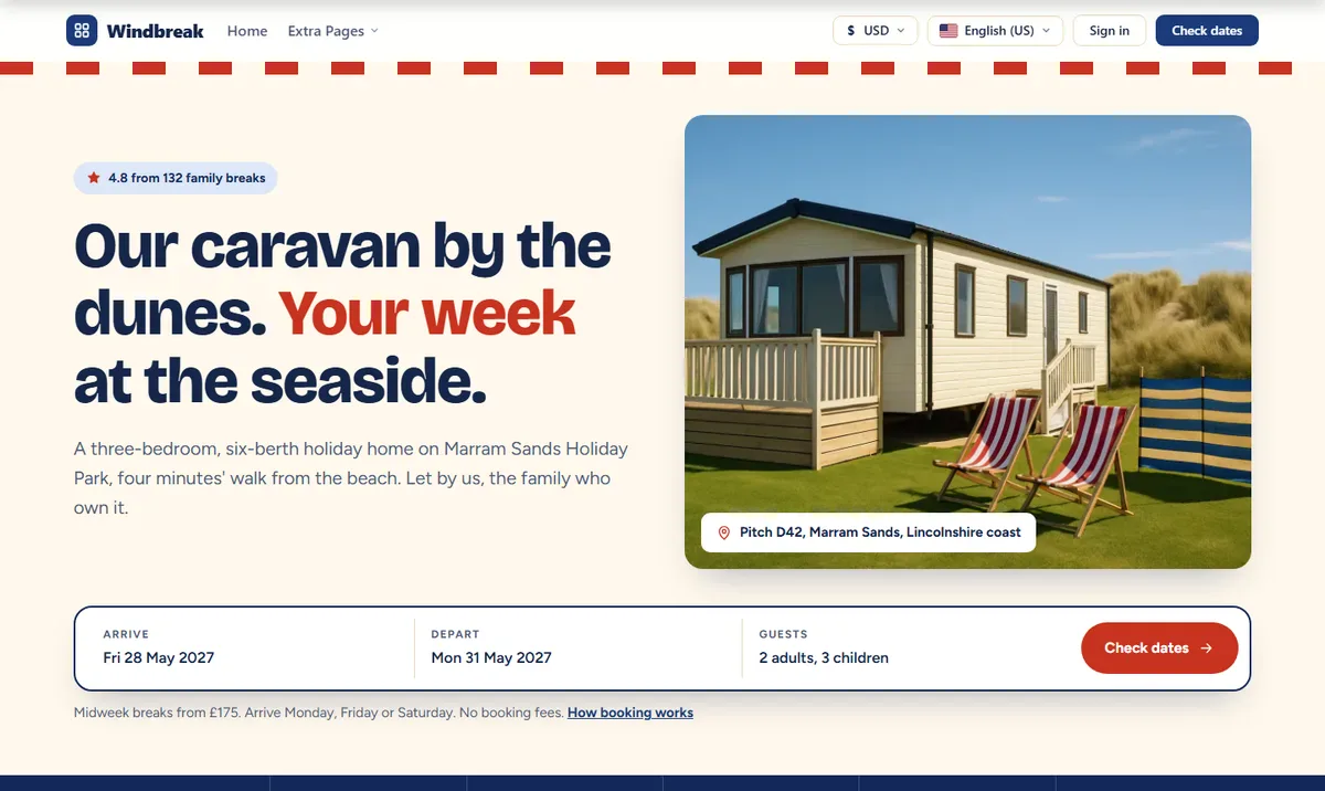 Windbreak — a static caravan, holiday park website design for the PrivateLet WordPress vacation rental theme